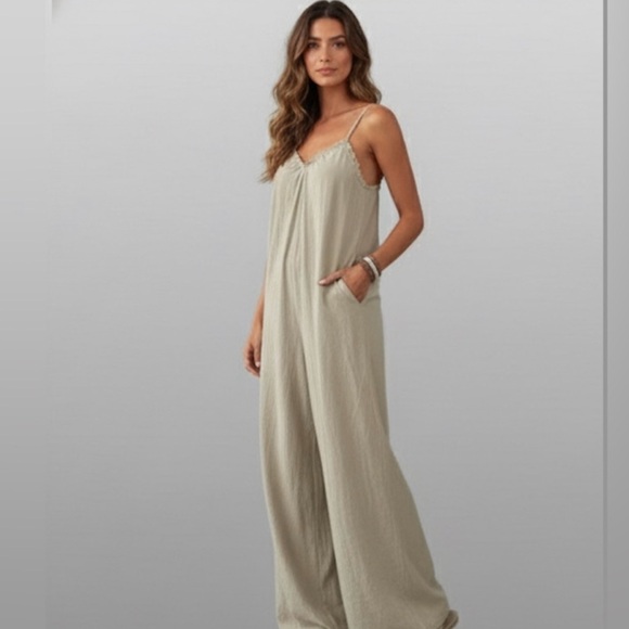 Boho Ruffle Trim Loose Fitting Wide Leg Jumpsuit - Picture 5 of 5
